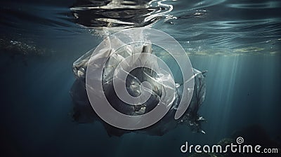AI generated image. Sea contaminated with plastic waste. Underwater view Stock Photo