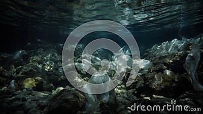 AI generated image. Sea contaminated with plastic waste. Underwater view Stock Photo