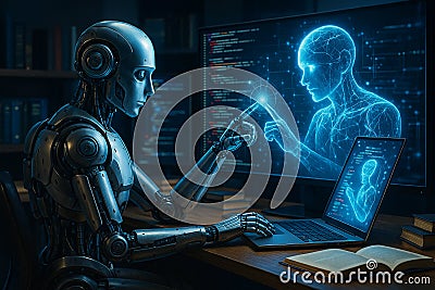 AI generated image showing a robot and human working side by side at a computer in a modern office environment symbolizing the Stock Photo