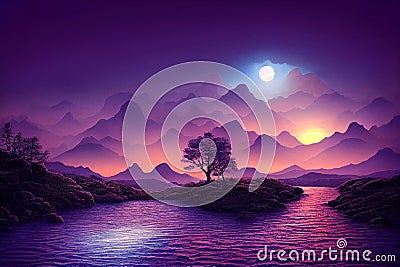 AI-generated image of silhouettes of mountains over a river under a glowing full moon Stock Photo