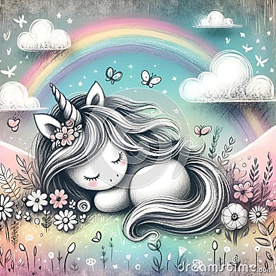 Enchanting Dreamland: A Unicorn Asleep in a Magical Pastel World Stock Photo