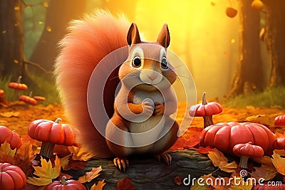 A squirrel holding an acorn in its paws vector fall background Stock Photo