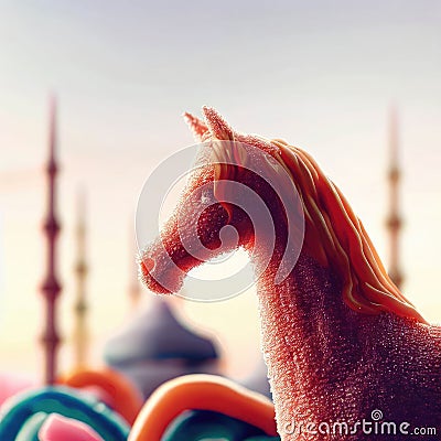 AI Generated Image of Sugar Candy Horse Figurine, Festive Prophet Muhammed Birthday Symbols Stock Photo