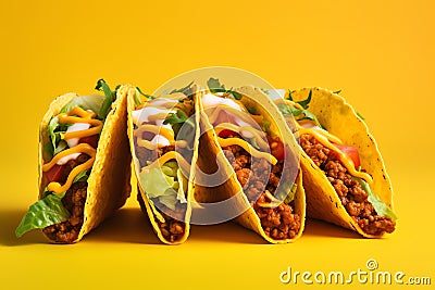 Tacos tasty fast food street food for take away on yellow background Stock Photo