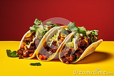 Tacos tasty fast food street food for take away on yellow background Stock Photo