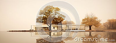 Tranquil lakeside house with autumn trees reflected in the water in a foggy atmosphere Cartoon Illustration