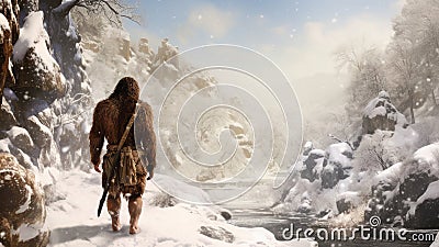 Ancestral Evolution: A Human-Ape Ancestor in a Snowy Prehistoric World Stock Photo