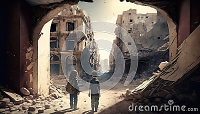 Children Looking at a Destroyed City, AI Generated Stock Photo