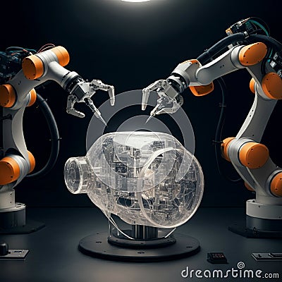 AI-Generated Image: Two Robotic Arms Poised Over Mechanical Object, Assembling Stock Photo