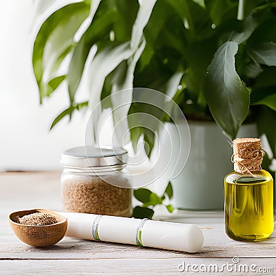 organic ingredients used for botanical medicines - oil and species. AI Generated Stock Photo