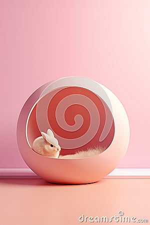 AI generated image. White Easter bunny laying inside the egg-shaped rabbit house. Stock Photo