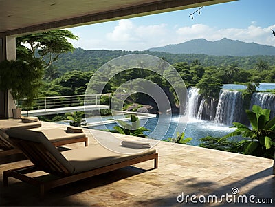 3d rendering living room near from waterfall forest Stock Photo