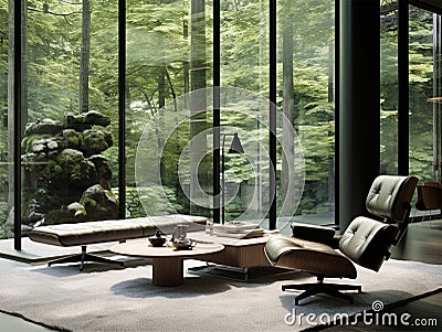 3d rendering living room near from waterfall forest Stock Photo