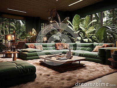 3d rendering living room near from waterfall forest Stock Photo