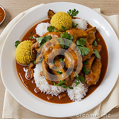 AI generated Indian cuisine consisting of yellow and white rice alongwith spicy chicken curry Stock Photo