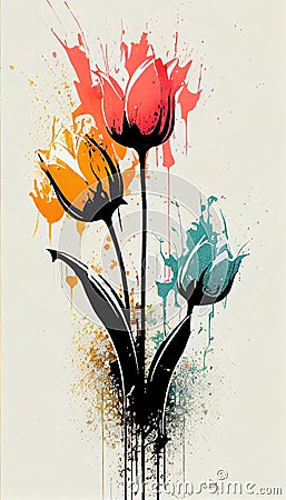 AI Generated Ink style tulip flowers cute strong colors happy Stock Photo