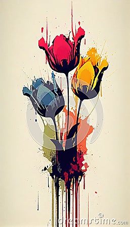 AI Generated Ink style tulip flowers cute strong colors happy Stock Photo