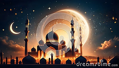 an islamic mosque at night with moon and stars on cloudy night and starry sky Stock Photo