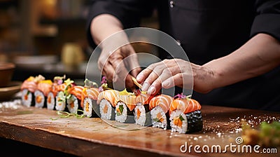 AI Generated. Japanese Chef making salmon nigiri omakase style eating. Omakase style Japanese traditional Stock Photo