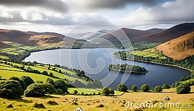 lake surrounded by greenfields and mountains Stock Photo