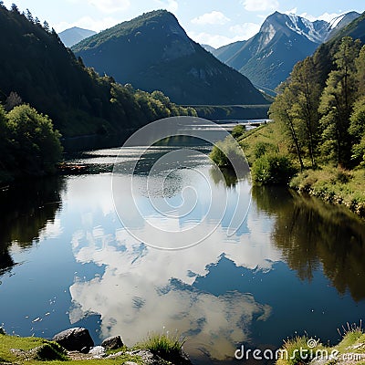 AI generated landscape consisting of hills, jungles and lakes with crystal clear water Stock Photo