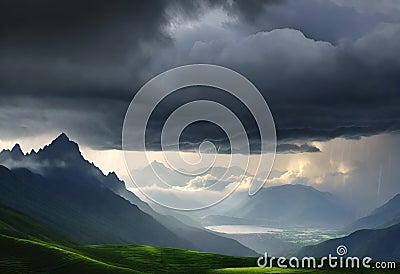 AI generated landscape consisting of rain laden clouds looming over hills and green meadows Stock Photo