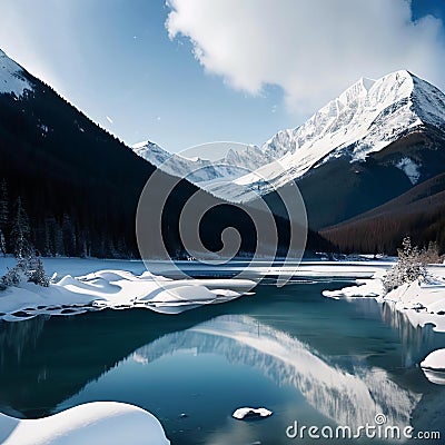 AI generated landscape containing snow clad mountains, lake and pine trees Stock Photo