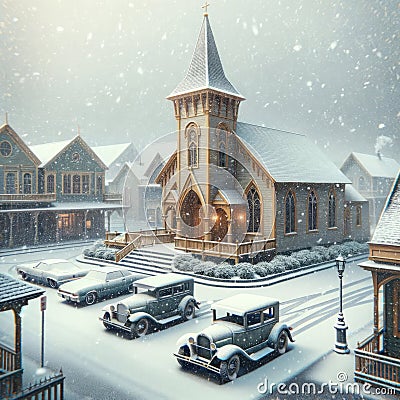 Downtown Charming Ornate Vintage Church Snowfall Retro Old Building Steeple Exterior AI Generate Stock Photo