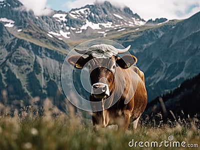 AI-Generated Landscape: Majestic Cow Grazing in the Alp Mountains Stock Photo