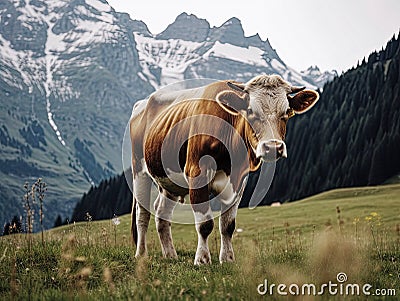 AI-Generated Landscape: Majestic Cow Grazing in the Alp Mountains Stock Photo