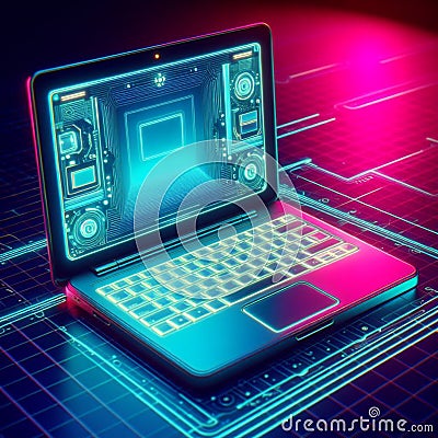 ai generated laptop on a neon background Cartoon Illustration