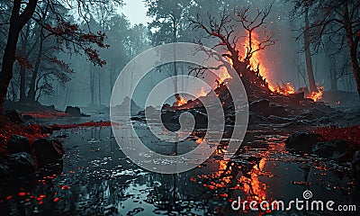 A forest scene with a fire burning in the background. Stock Photo