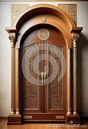 a large wooden door with ornate carvings Stock Photo