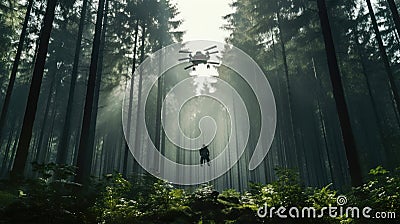 AI Generated Light green and black drone pilot flying through epic forest Stock Photo