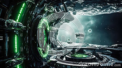 AI Generated Light Green and Black Space Station A Grand and Busy Interstellar Hub Stock Photo