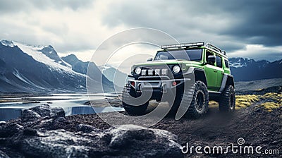 AI Generated Light green and black SUV driving on a rough terrain Stock Photo