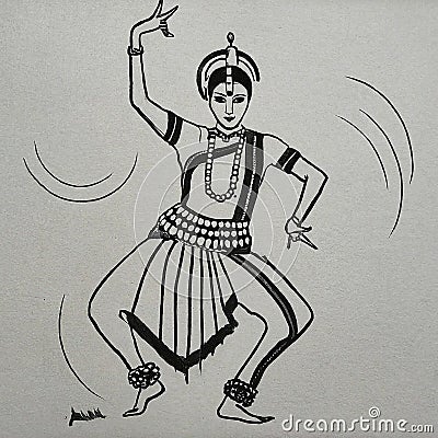 AI generated line drawing of a female dancer showcasing a graceful posture from classical dance form of Odissi from India Stock Photo