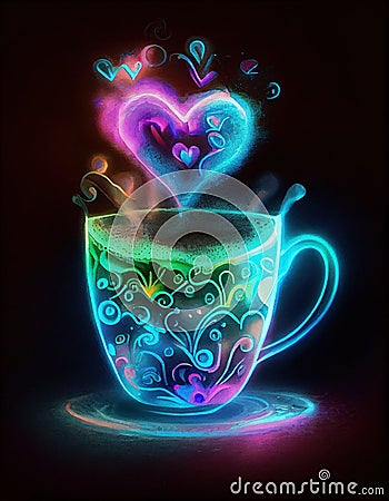 Neon Watercolor Latte Art, Made with Generative AI Stock Photo