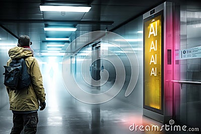 Man walking through AI tunnel, illustrating the futuristic integration of artificial intelligence in public spaces Stock Photo