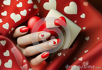 Matte red nails with small red heart on beige colour nail on the red fabric background. Saint Valentine's nail design Stock Photo