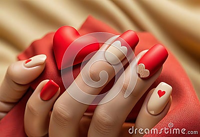 Matte red nails with small red heart on beige colour nail on the red fabric background. Saint Valentine's nail design Stock Photo
