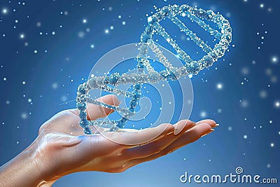 Mesmerizing blue DNA helix floating above a hand with a particle filled background, representing the fusion of science and tech Stock Photo