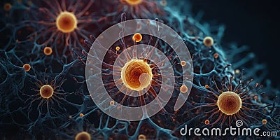 Microscopic View of Complex Cellular Structures on Dark Gradient Background with Copy Space. Stock Photo