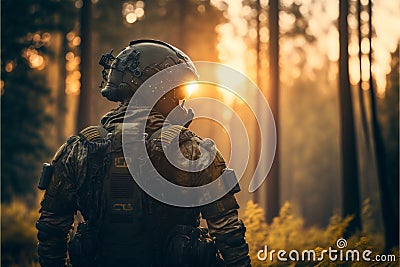 AI generated military man in camouflage standing in forest Stock Photo