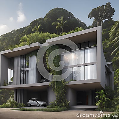 Ai generated a modern house with a car parked in the driveway Stock Photo