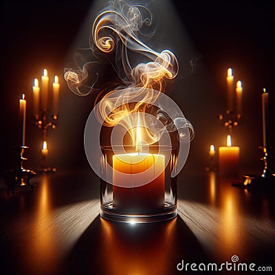 AI generated multiple candles lit with flames and emitting smokes Stock Photo