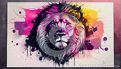 Neon Watercolor Lion Portrait, Made with Generative AI Stock Photo