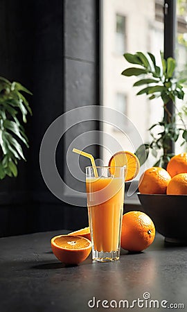 AI generated Orange juice in the morning kitchen, soft light, cinematic picture Stock Photo