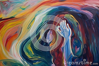 AI generated painting person hand surrounded by colors Stock Photo