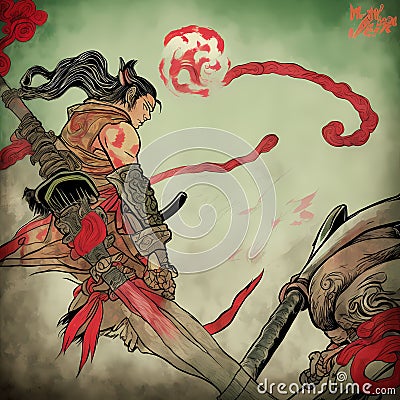 Japanese style painting of a samurai posing Stock Photo